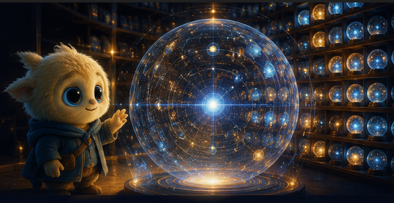 Numi standing beside a glowing library of story spheres